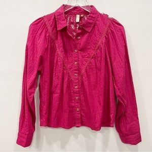 Anthropologie Pilcro Pink Embroidered Back Button Down Shirt Long Sleeve Small